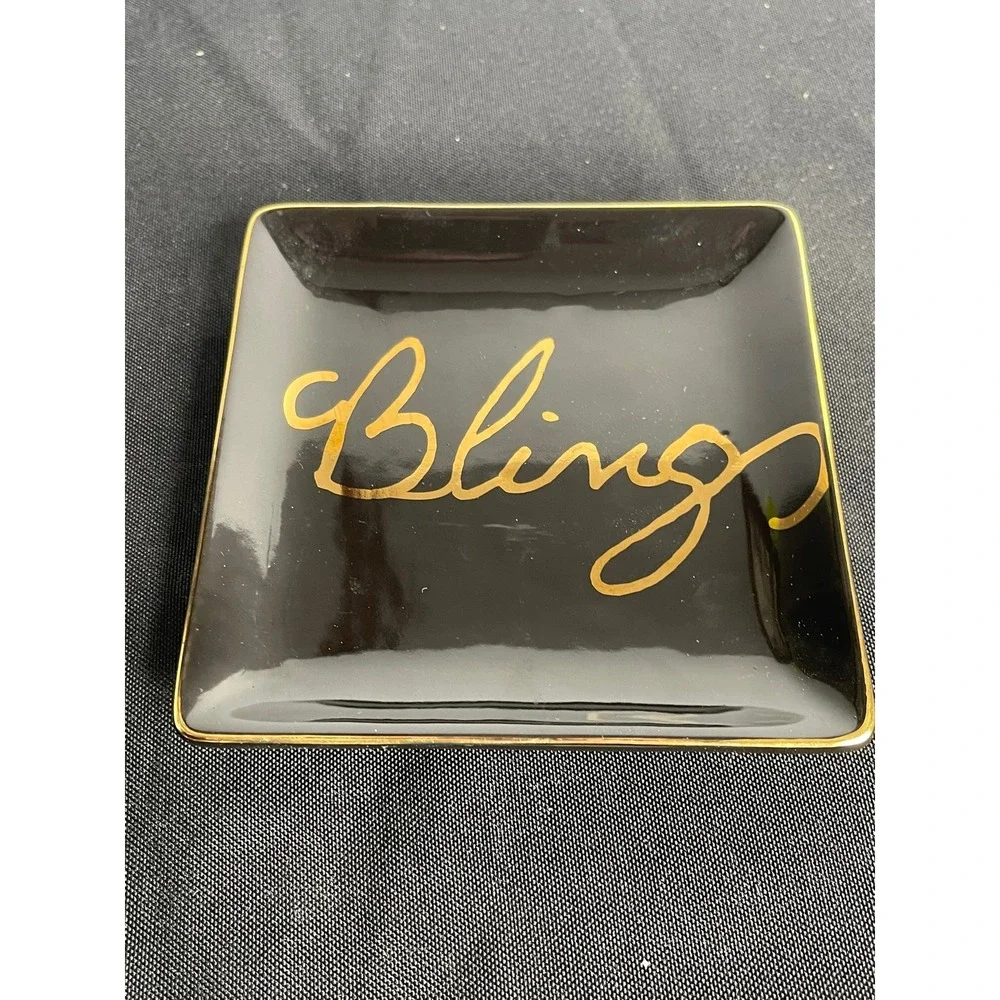 Juicy Couture Black Gold Bling Ceramic Trinket Tray Square Jewelry Dish Catchall